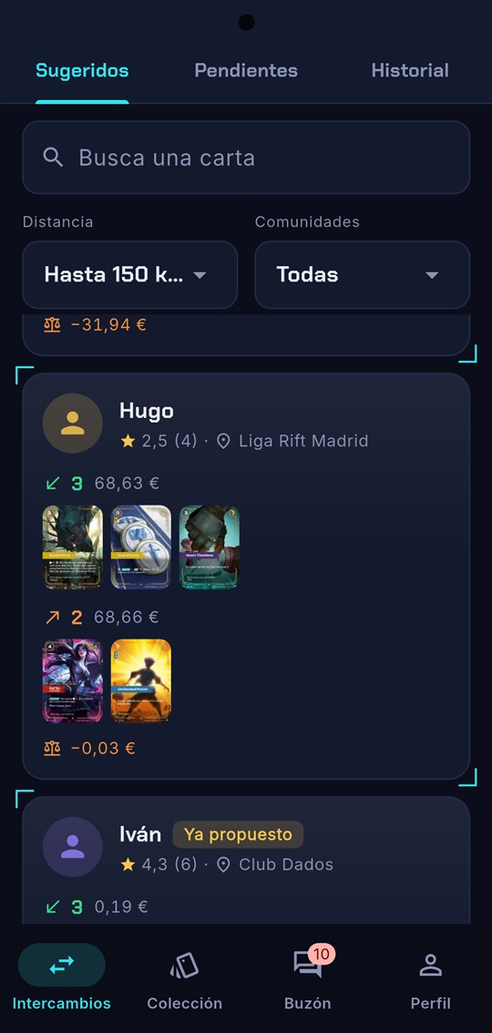 Portana Suggested screen with nearby players and the cards that match