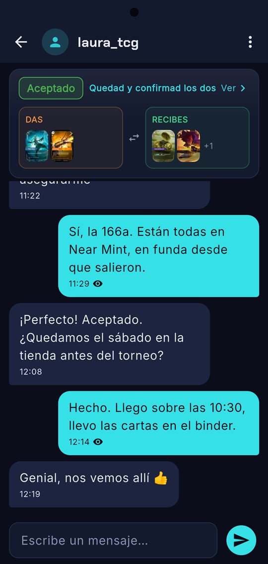 A trade chat in Portana with the accepted trade pinned at the top